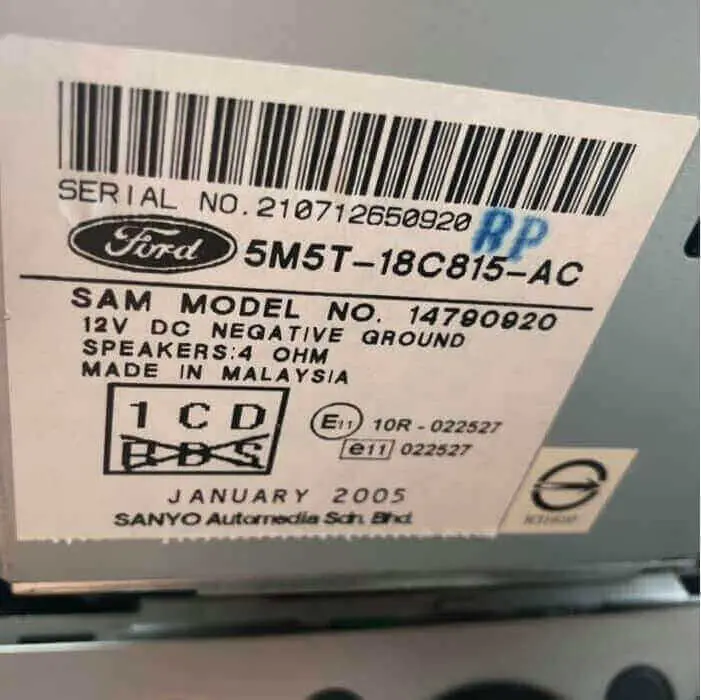 Label of a Ford Focus Sanyo Automedia radio with the 12-digit serial number